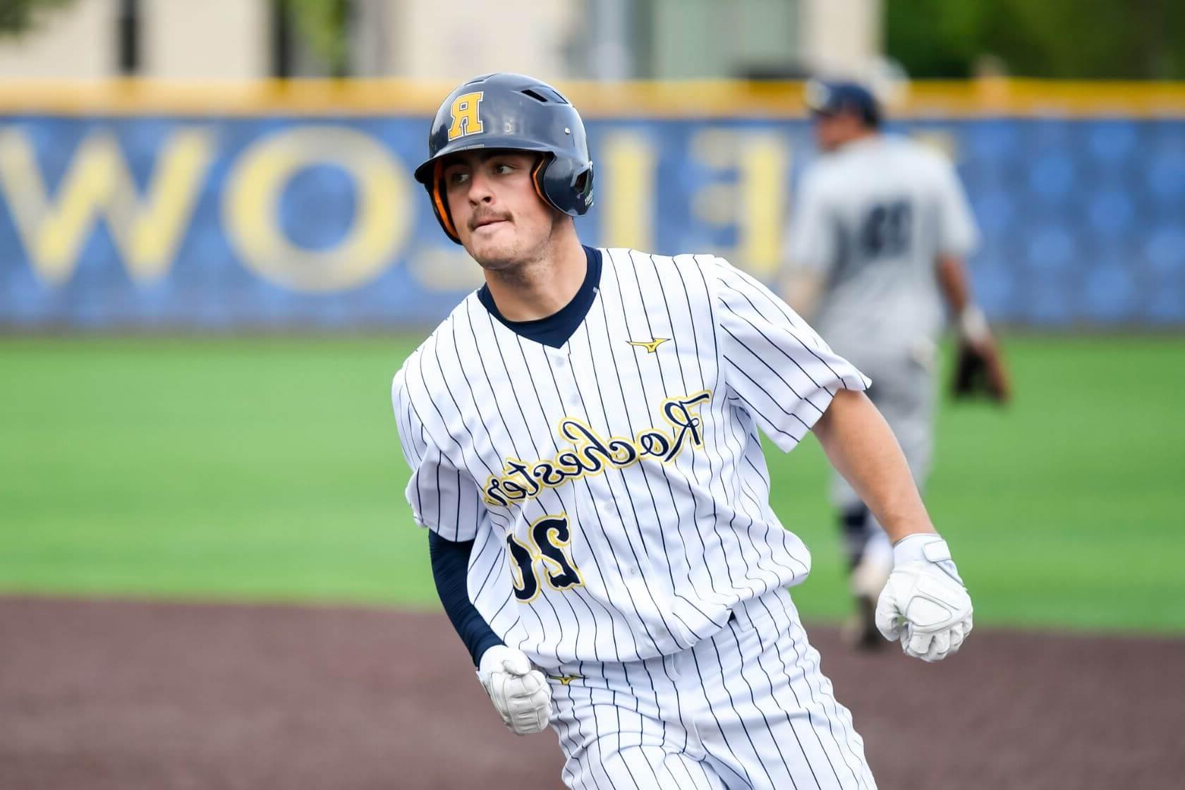 University of Rochester Yellowjackets' Joseph Rende rounds the bases after hitting a two-run homer in the eigth inning of their NCAA Division III tournament baseball game against the Middlebury College Panthers at the University of Rochester in Rochester, NY May 20, 2022. // photo by J. Adam Fenster / University of Rochester